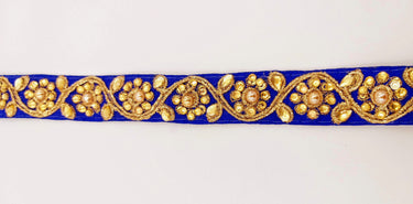 Royal Blue Silk Fabric Lace Trim Floral Embroidery & Indian Stones Kundan Embellishment, Decorative Sari Trim, Floral Border Trim By Yard